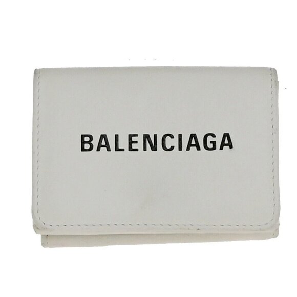 BALENCIAGA Logo Everyday Mini Trifold Compact Wallet Leather White Italy - Picture 1 of 15